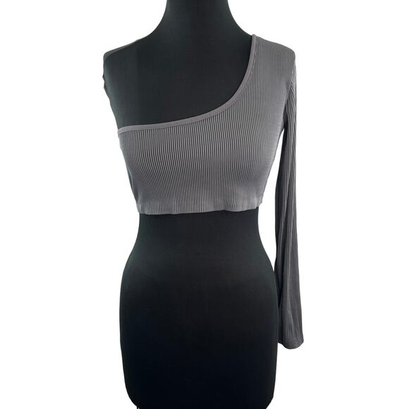 Maniere De Voir Gray Cropped Top Stretch Rib One Shoulder Pullover Top Size 12 - Picture 1 of 10